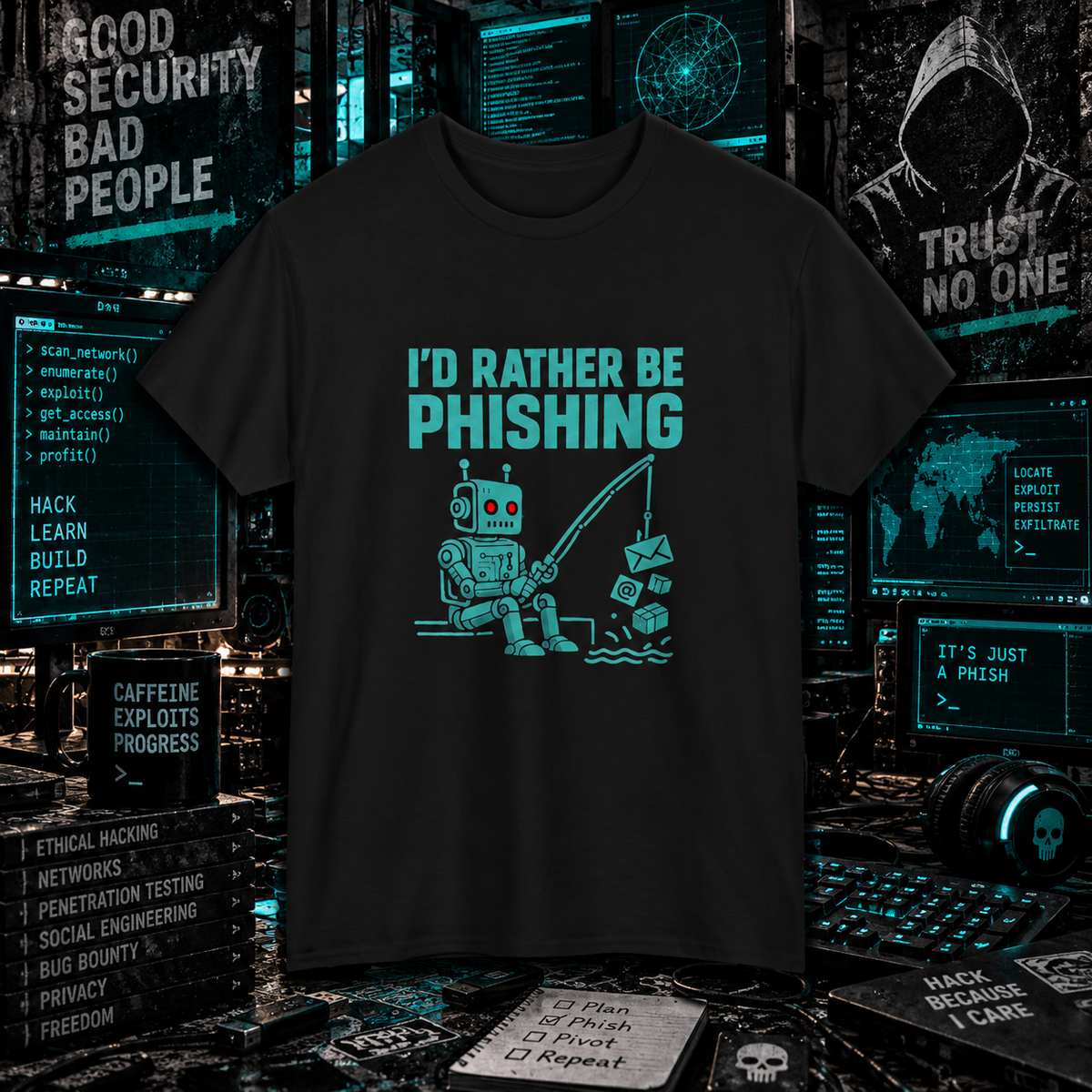 I'd Rather Be Phishing - Funny Robot Fishing Cybersecurity Tee