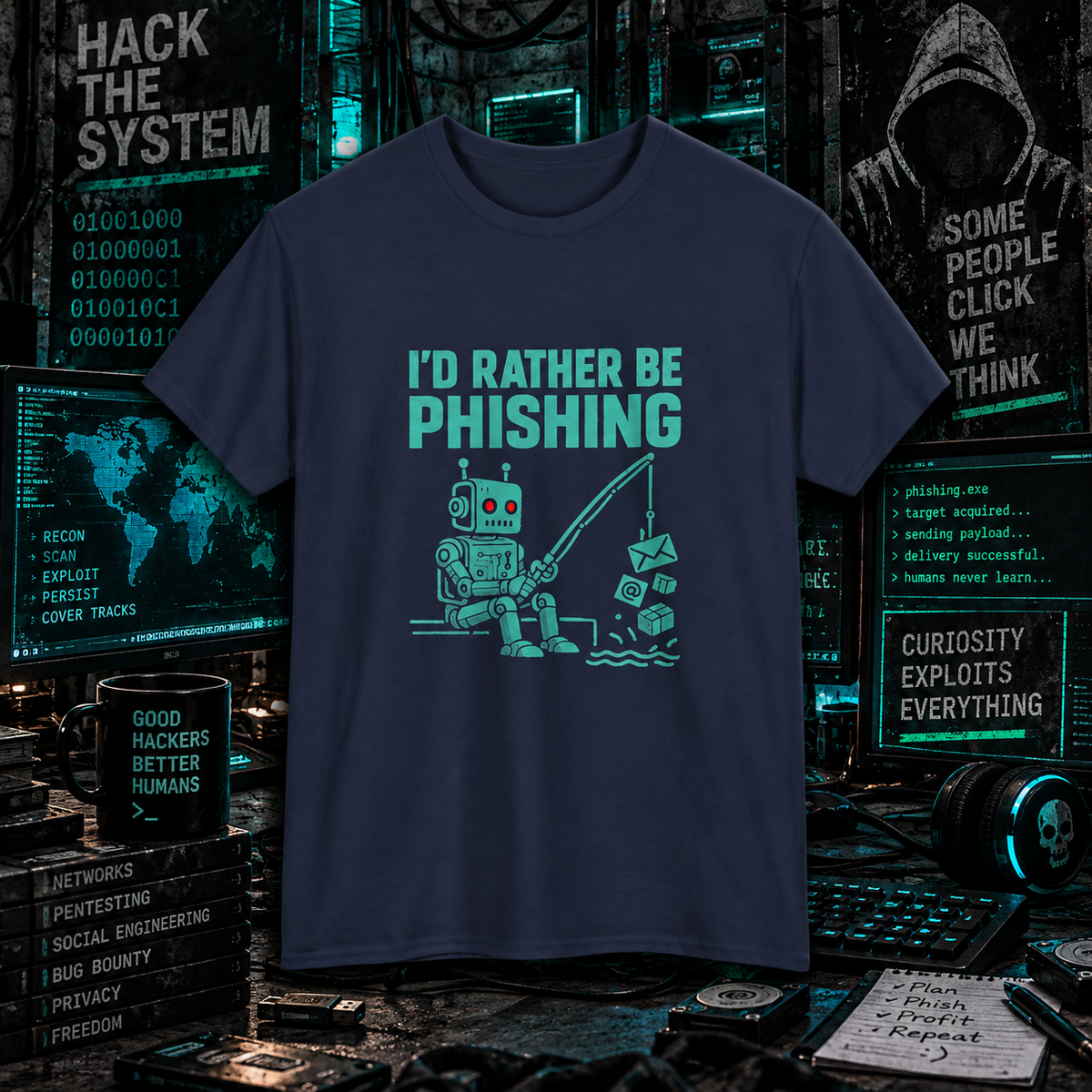 I'd Rather Be Phishing - Funny Robot Fishing Cybersecurity Tee