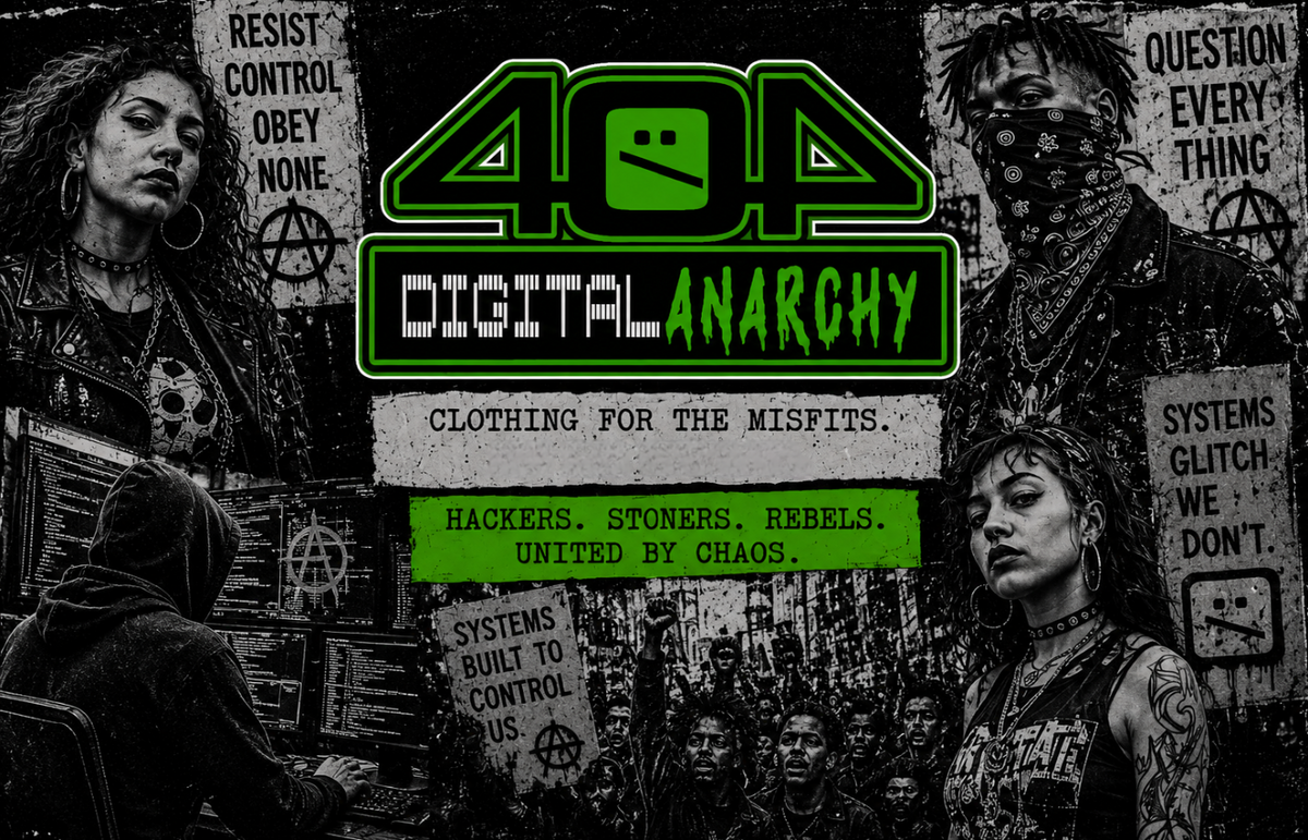 Digital graphic banner for 'Digital Anarchy 404' featuring a black and white collage of punk and alternative music scenes with green and white text overlays.